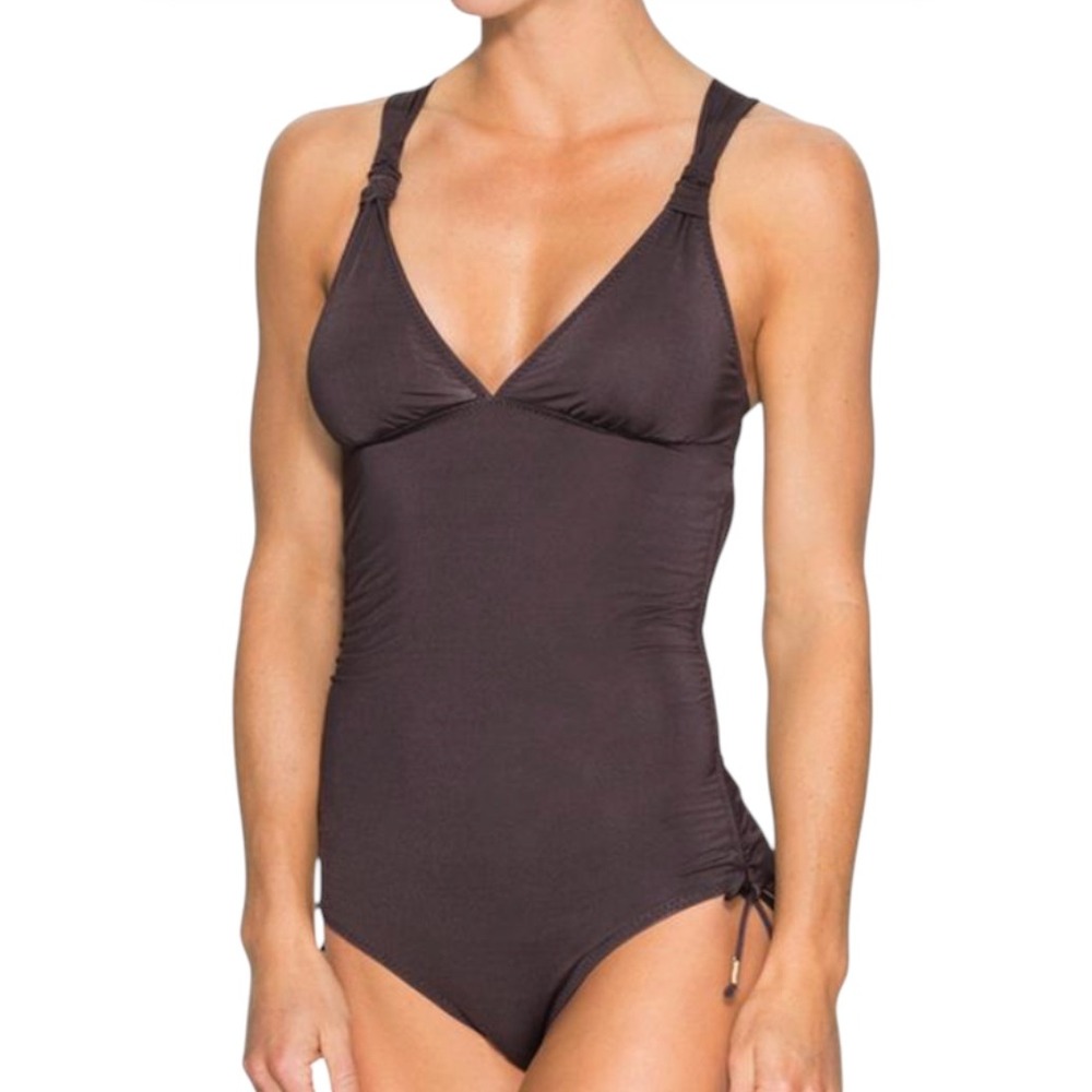 NWT Athleta One-Piece Swim Suit AQUALUXE Dark Grayish Brown Shale Cinched Side S